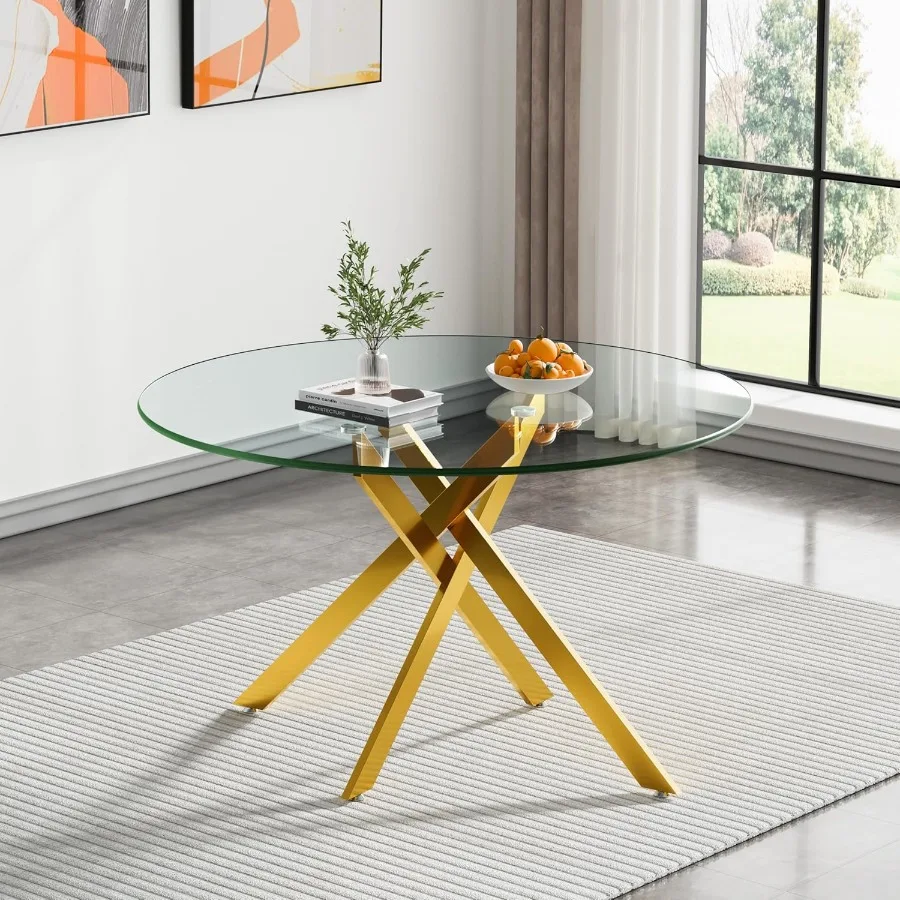 47.24 Ih Round Glass Dining Table Modern Kitchen Glass Top Table for 6 with Gold Metal Legs Clear Dining Table Kitchen Table fo