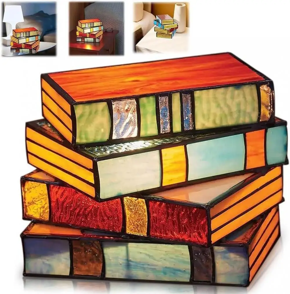 

Stacked Books Lamp Decorative Vintage Reading Book Table Lamp Stained Glass Table Desk Reading Light Nightstand Desk Lamps