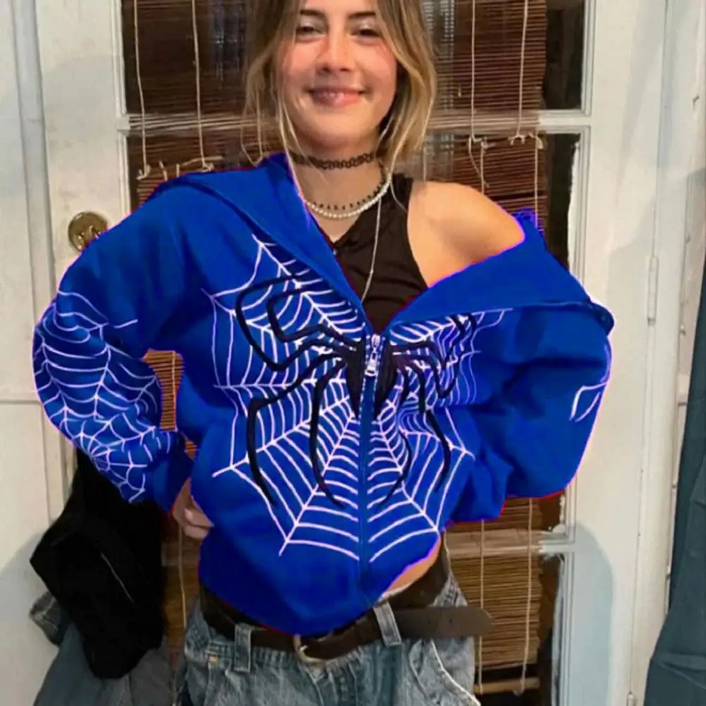 Women Hooded Sweatshirt Spider Cobweb Print Women\'s Hooded Jacket with Zipper Closure Elastic Cuff Thick Warm Hop Lady Coat