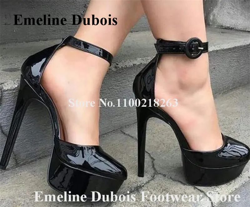 Black Patent Leather Platform Pumps Emeline Dubois Round Toe Stiletto Heel Shoes Ankle Straps Super High Heels Big Size Heels