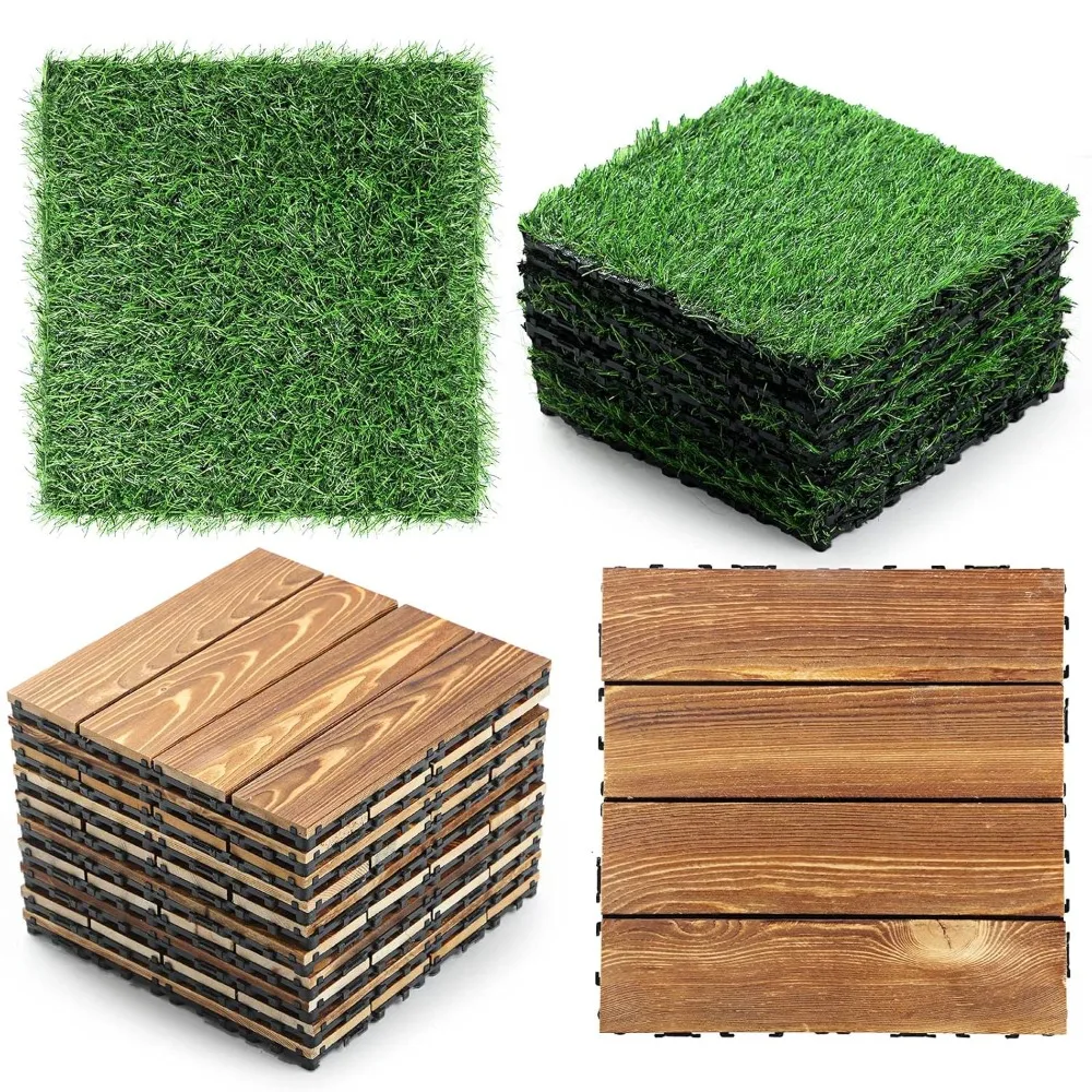 24 Pcs Hardwood Interlocking Patio Deck Tile and Artificial Grass Tile Waterproof Wood Flooring Tile Interlocking r  12x12 in