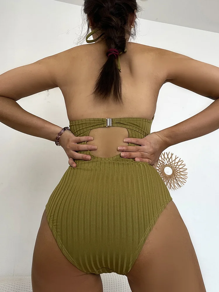 Sexy Halter Tummy Cut Out Female Monokini One Piece Swimsuit Women Swimwear Backless Bather Bathing Suit Swim Lady