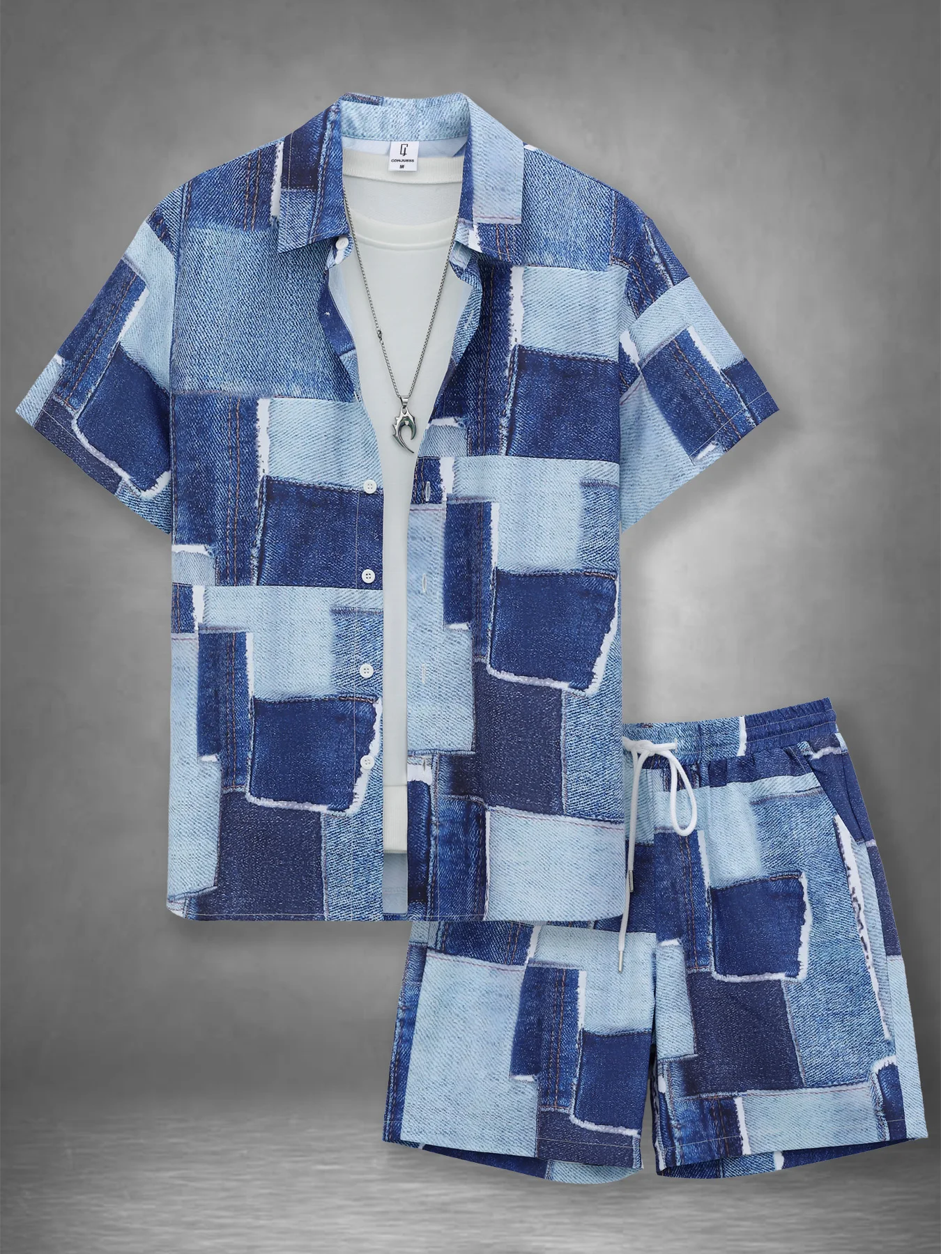 

Men's Denim Patch Print Short Sleeve Shirt + Drawstring Shorts Set Summer Casual Streetwear 2 Piece Outfit