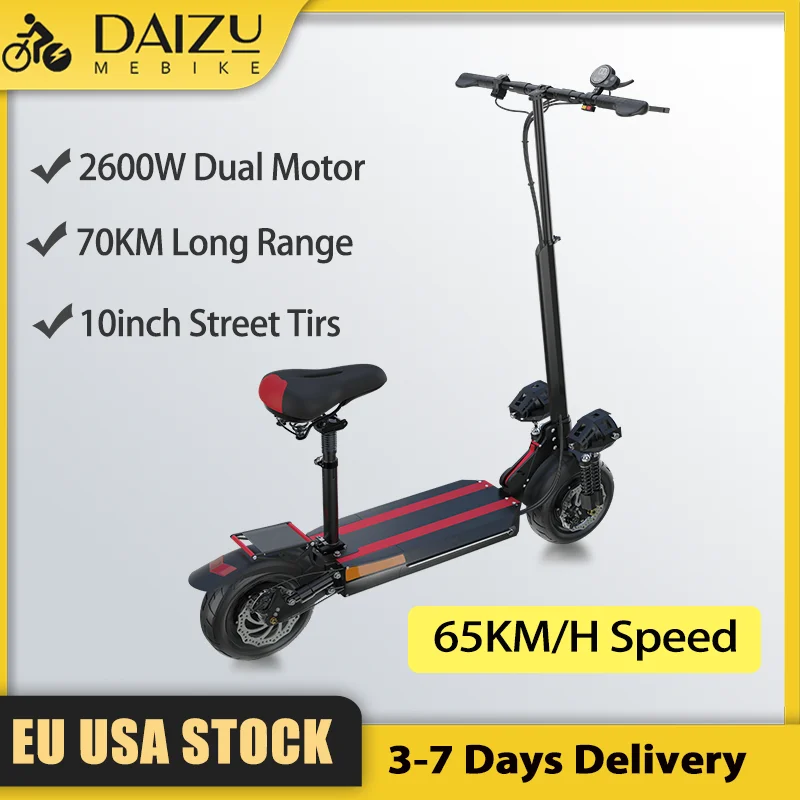 2600W Dual Motor Electric Scooter 48V Lithium Battery E Scooter 65KM/H Fast Speed 70KM Long Range 150KG Max Load with Seat