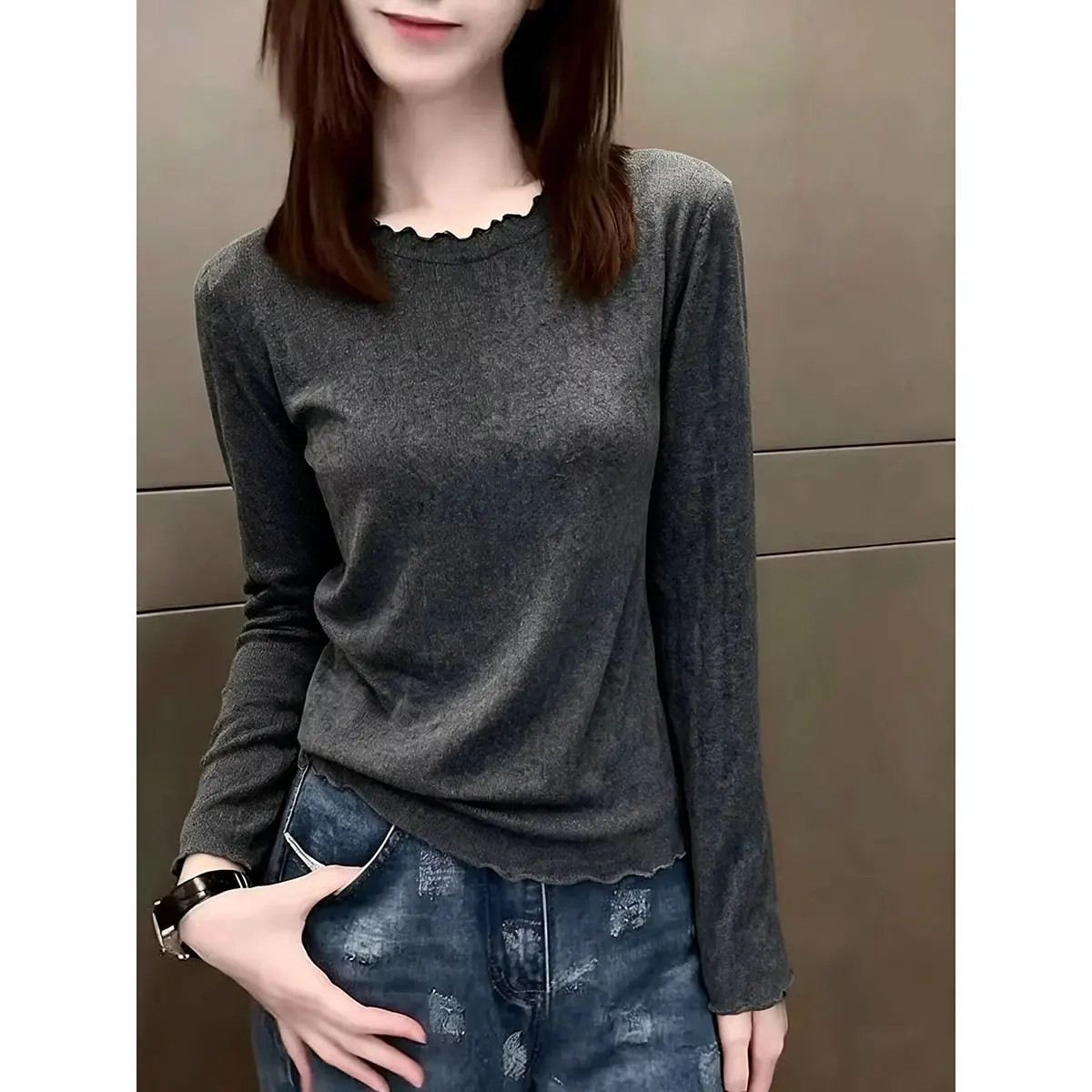 Early Autumn Basic Long Sleeve round Neck Women's T-shirt Simple Stylish Slim Fit Versatile Base Layer Polyester Fiber T-shirt