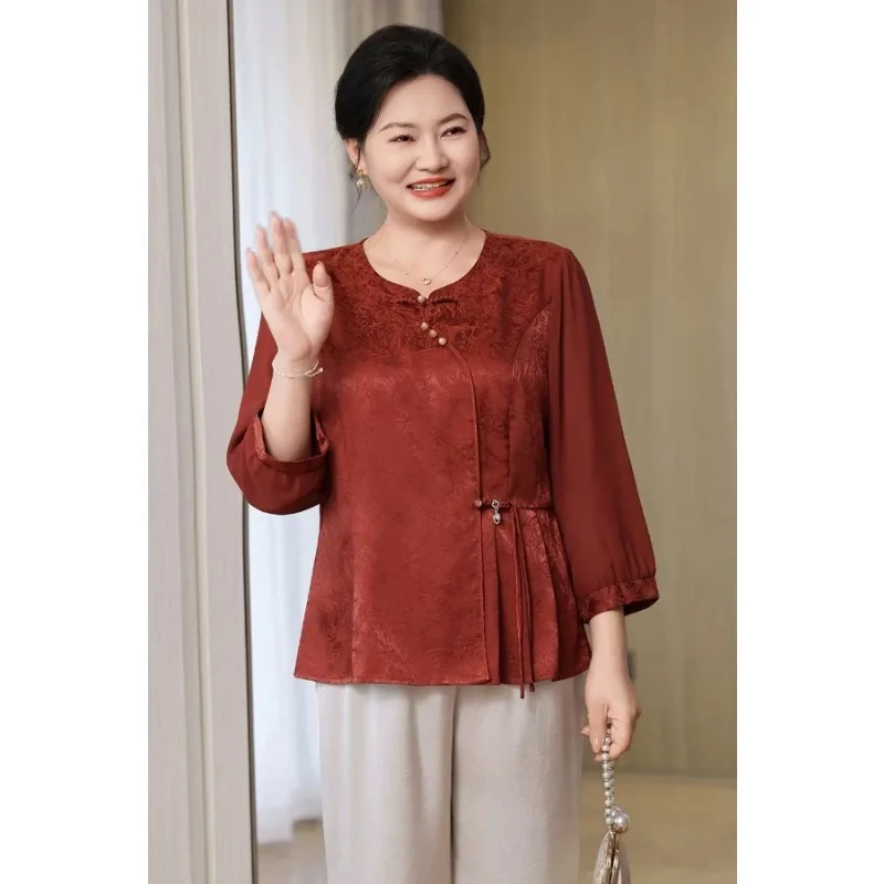 

Plus Size Women's Chinese Style Blouse 3/4 Sleeve Elegant Red Middle-Aged Ladies Top