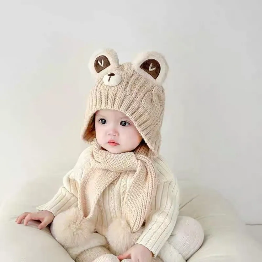 

New Cute Bear Pullover Cap Warm Windproof Beanie Hat Coldproof Pompom Neck Warmer Kids