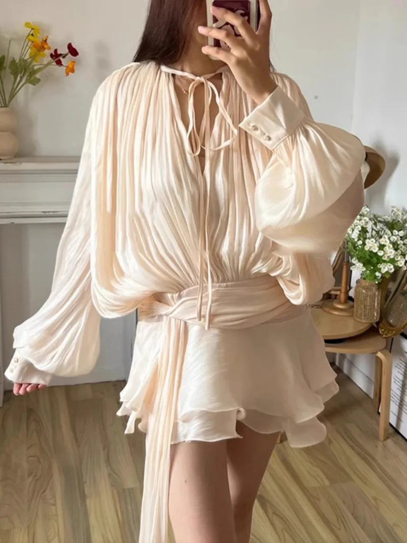 Beige Top Solid Blouse Mini Dresses For Women V Neck Long Sleeve Spliced Lace Up Sweet Style Dress Female Clothing Fashion  P7WI