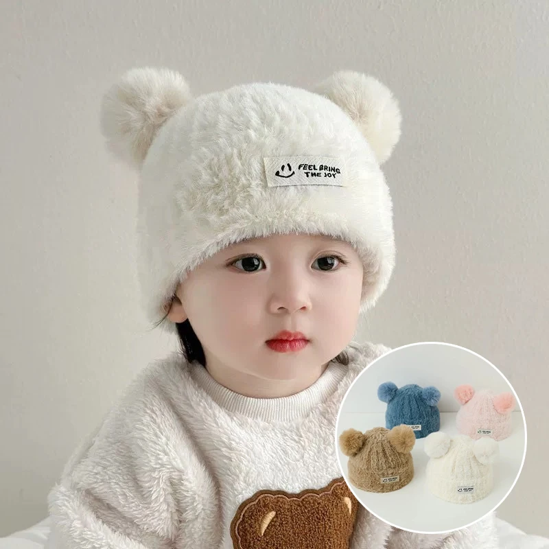 

Милые вязаные детские шапки-ушанки из плюшевой пряжи с пушистыми шариками, теплые уличные шапки для холодной погоды для мальчиков и девочек, зимние