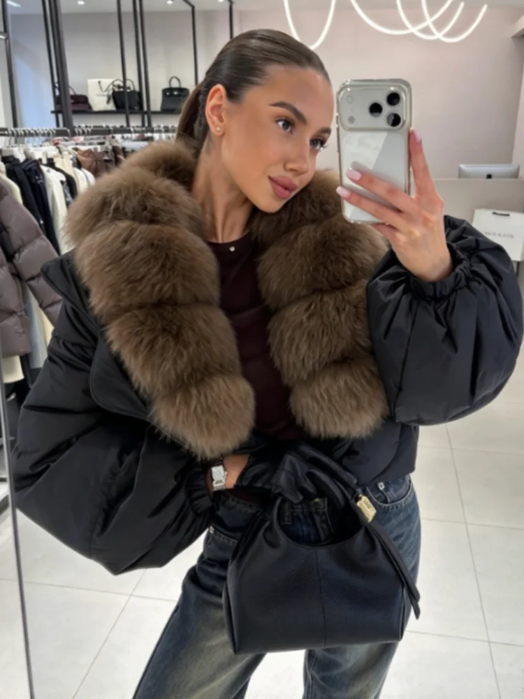 Chic Faux Fur Collar Zip Up Cropped Padded Puffer Coat Women Loose Long Sleeve Short Outerwear Winter Daily Street Party Outfit