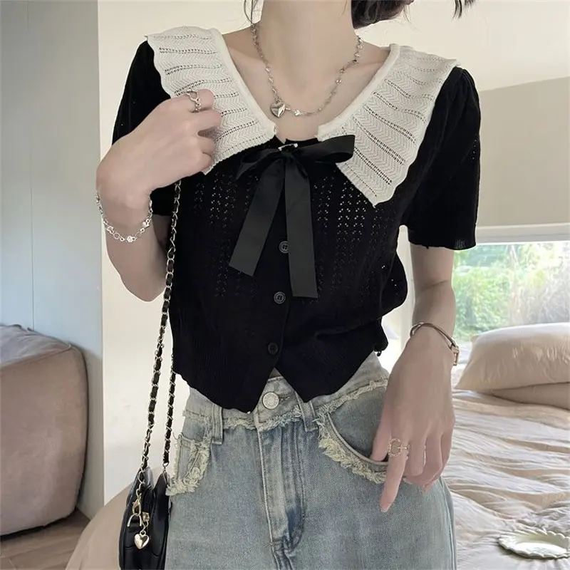 Women\'s Clothing Doll Collar Bow Knitted Shirt Hotsweet Slim Summer Short Sleeve Stylish Hollow Out Solid Color Patchwork Blouse