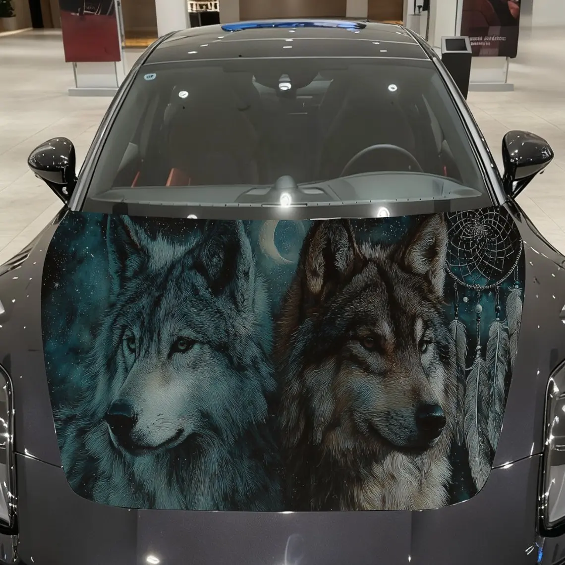 

Wolf Dreamcatcher Car Hood Decal, Native American Themed Car Hood Art with Snowy Forest, Auto Cover Sticker, Waterproof and Self