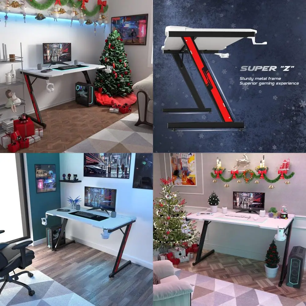 

Белый Z-образный игровой стол 44 дюйма с поверхностью из углеродного волокна, держателем для стаканов и крючком для подвешивания для домашнего офиса