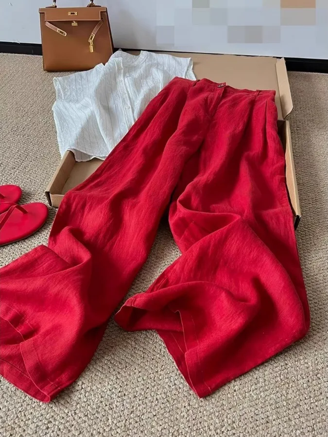 

Red Linen Wide Leg Pants Women's Summer Thin High Waist Slim Straight Drapey Casual Trousers Commute Style Retro Pocket Detail
