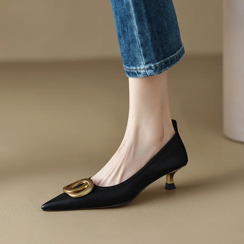 

2024Spring NewBlack Pointed High Heels Women's Fashion Versatile Thin Heel Commuter Single Shoes Shallow Mouth Real LeatherShoes