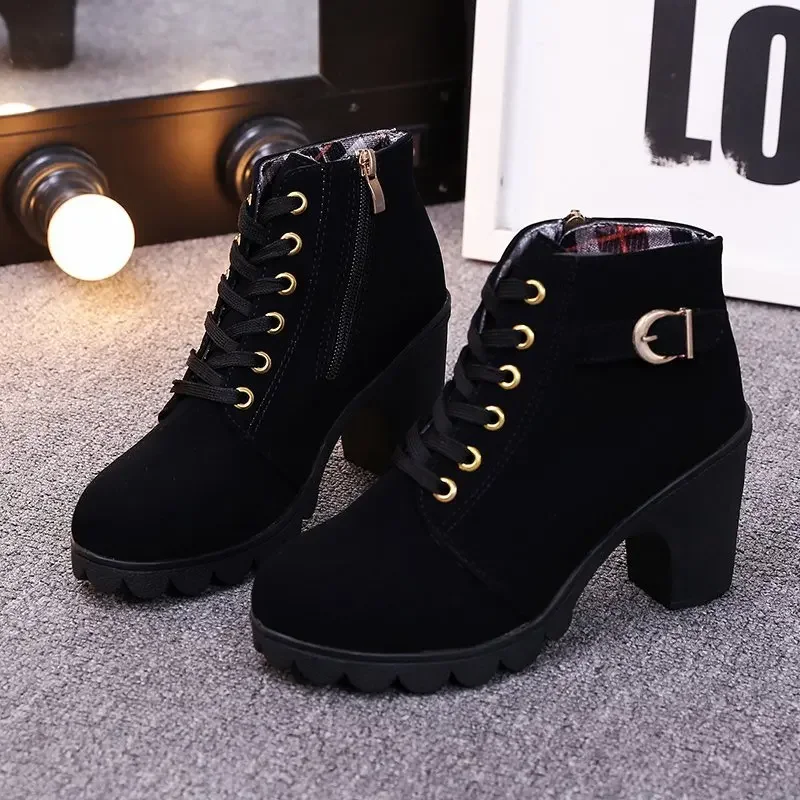 2025 New High Heeled Women Boots Cross Straps Short Boots Comfortable Platform Boots Side Zipper Botas Femininas Plus Size 42