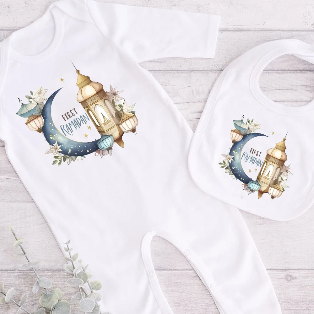 My 1st Ramadan Baby Bibs & Rompers 2pcs Set Baby Cotton Bib Newborn Jumpsuit Islamic Muslim Holiday Romper Baby Shower Gift