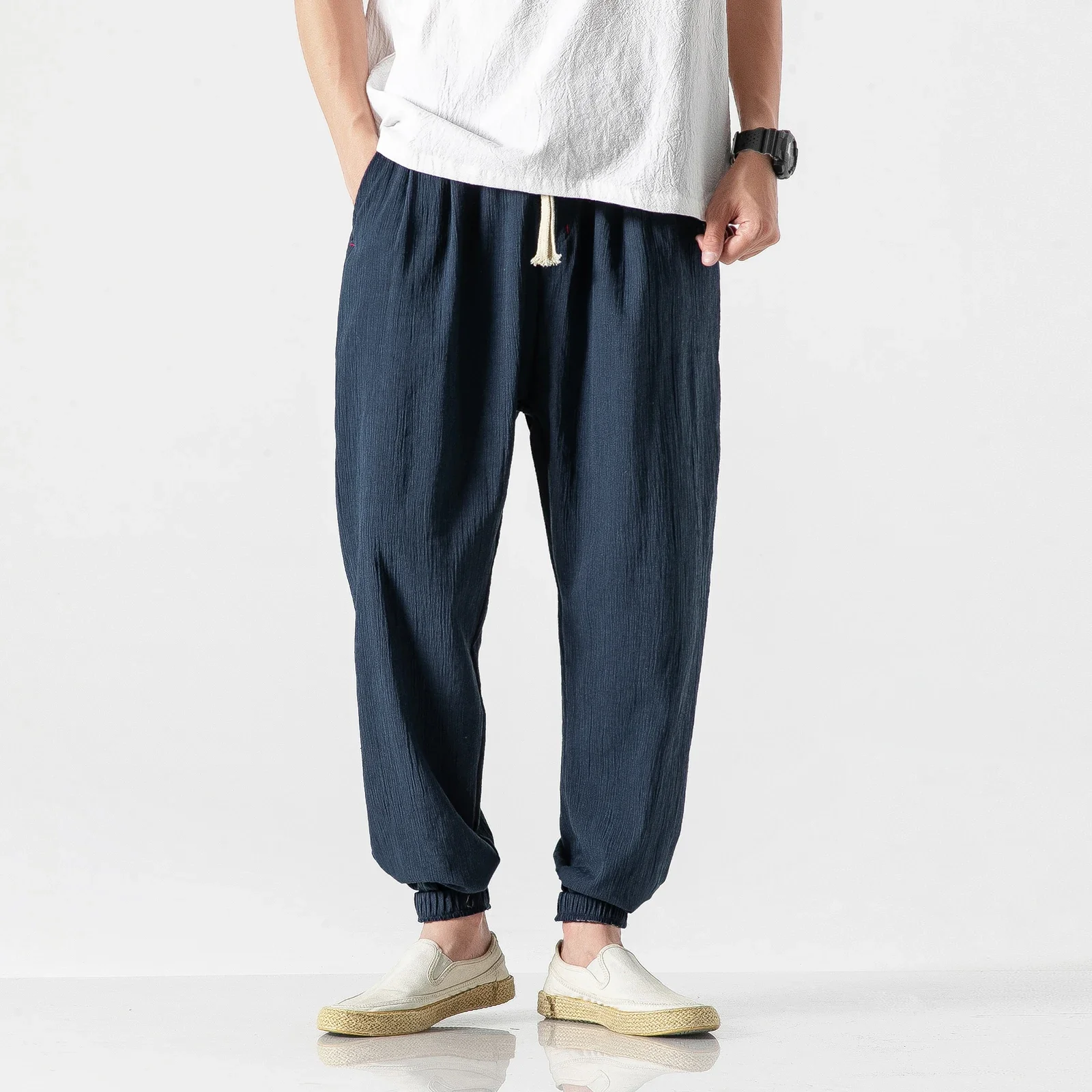 Large Size Chinese Style Linen Casual Harlan Loose Trousers Cotton Linen Pants Ice Silk