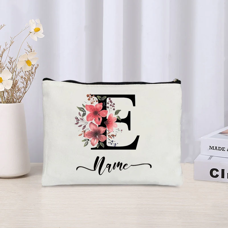 Personalized Name Custome Floral Letters Makeup Bag Alphabet Cosmetic Cases Women Wholesale Bag Gift for Bridesmaids Teachers