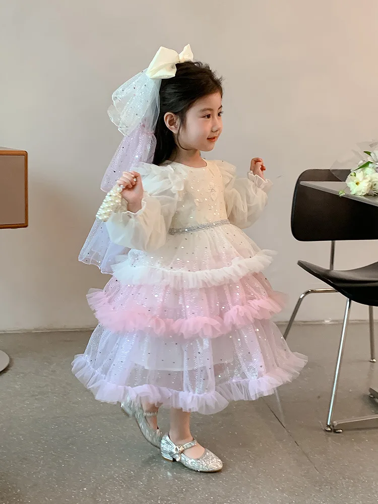 Girls Spring and Autumn New High-End Gradient Puffy Mesh Sequin Princess Dress