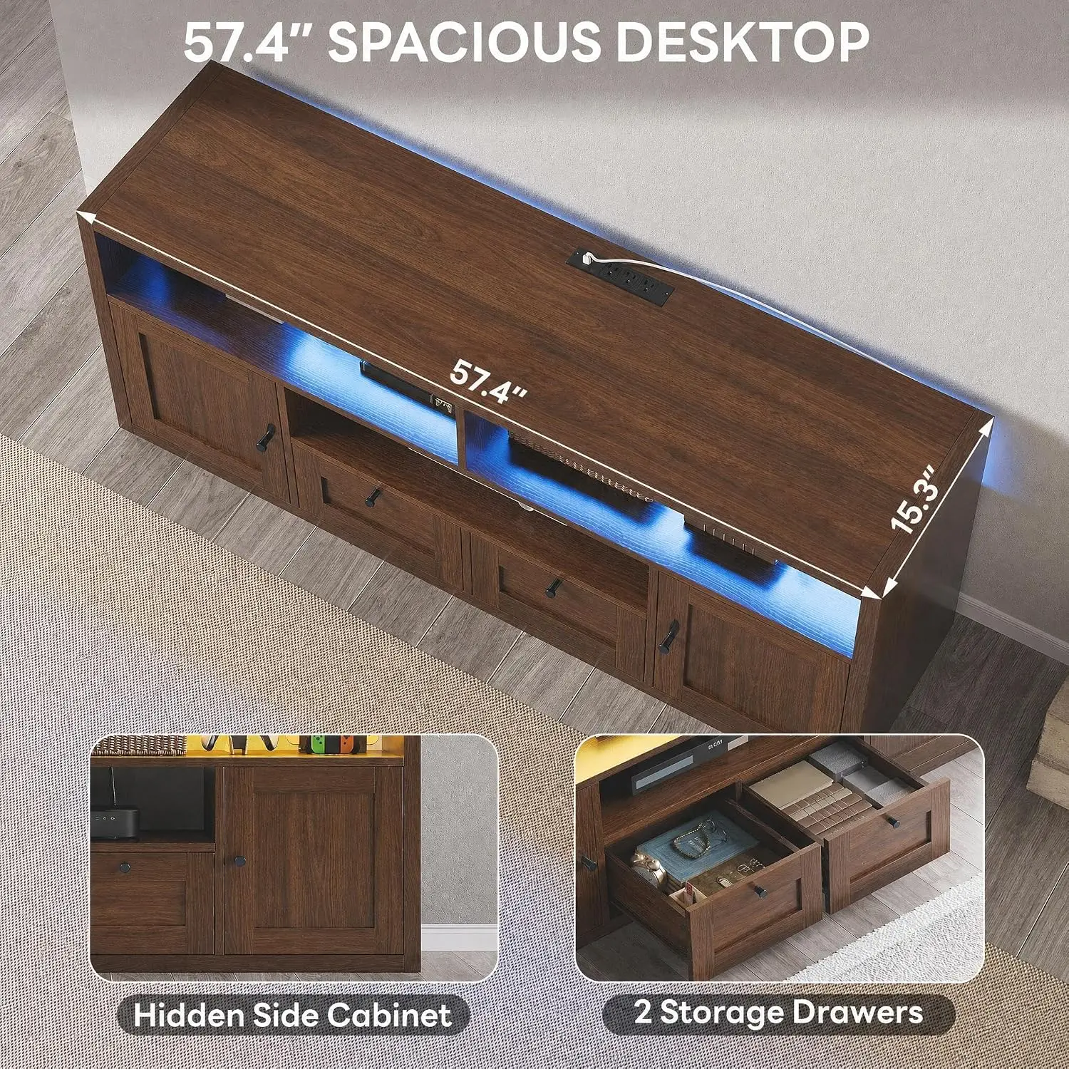 Walnut TV Stand for 65" TVs, Entertainment Center for Living Room
