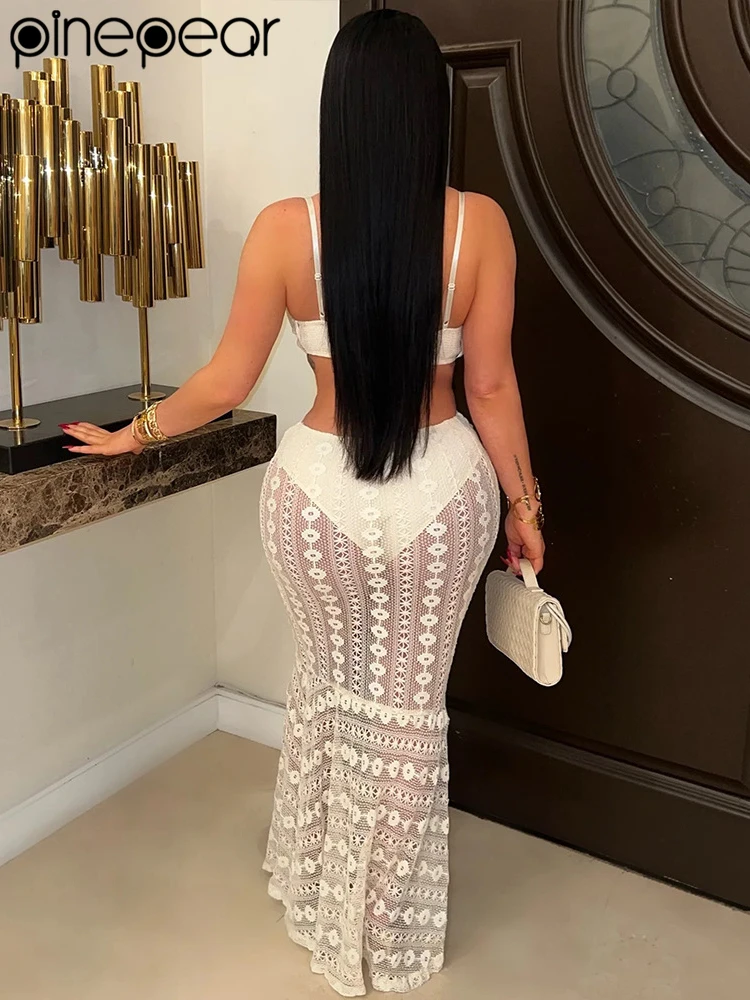 PinePear 2025 夏セクシーな中空アウト女性レースマキシドレスハイウエストカットアウトレース薄手のノースリーブ背中の開いたビーチパーティードレス