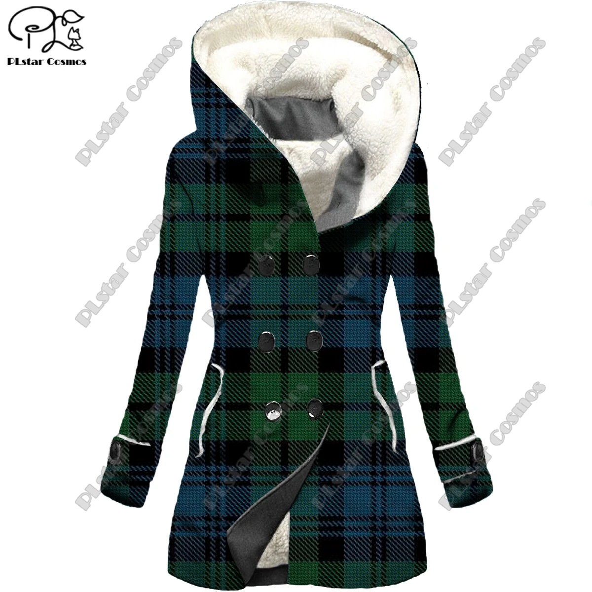 3D printing retro plaid print hooded zipper warm women's jacket winter casual gift series new