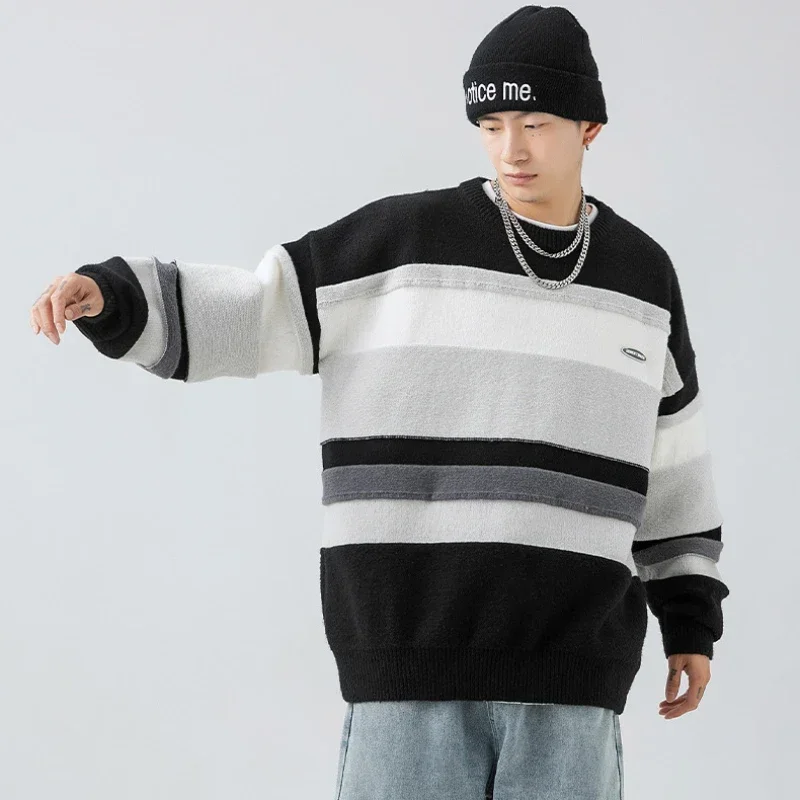 Retro gestreifter Rundhals pullover im japanischen Stil Herren Herbst und Winter faul locker Trend mit Paaren tragen Strickwaren Herren bekleidung