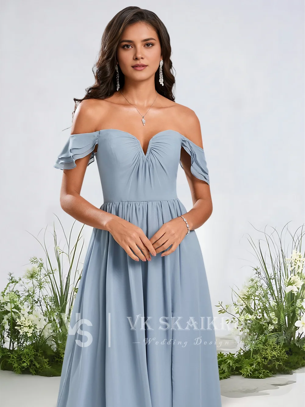 

A Women A-Line Off Shoulder Chiffon Bridesmaid Dresses Floor-Length Ruffle Wedding Party Guest Evening Cocktail Dress 2025