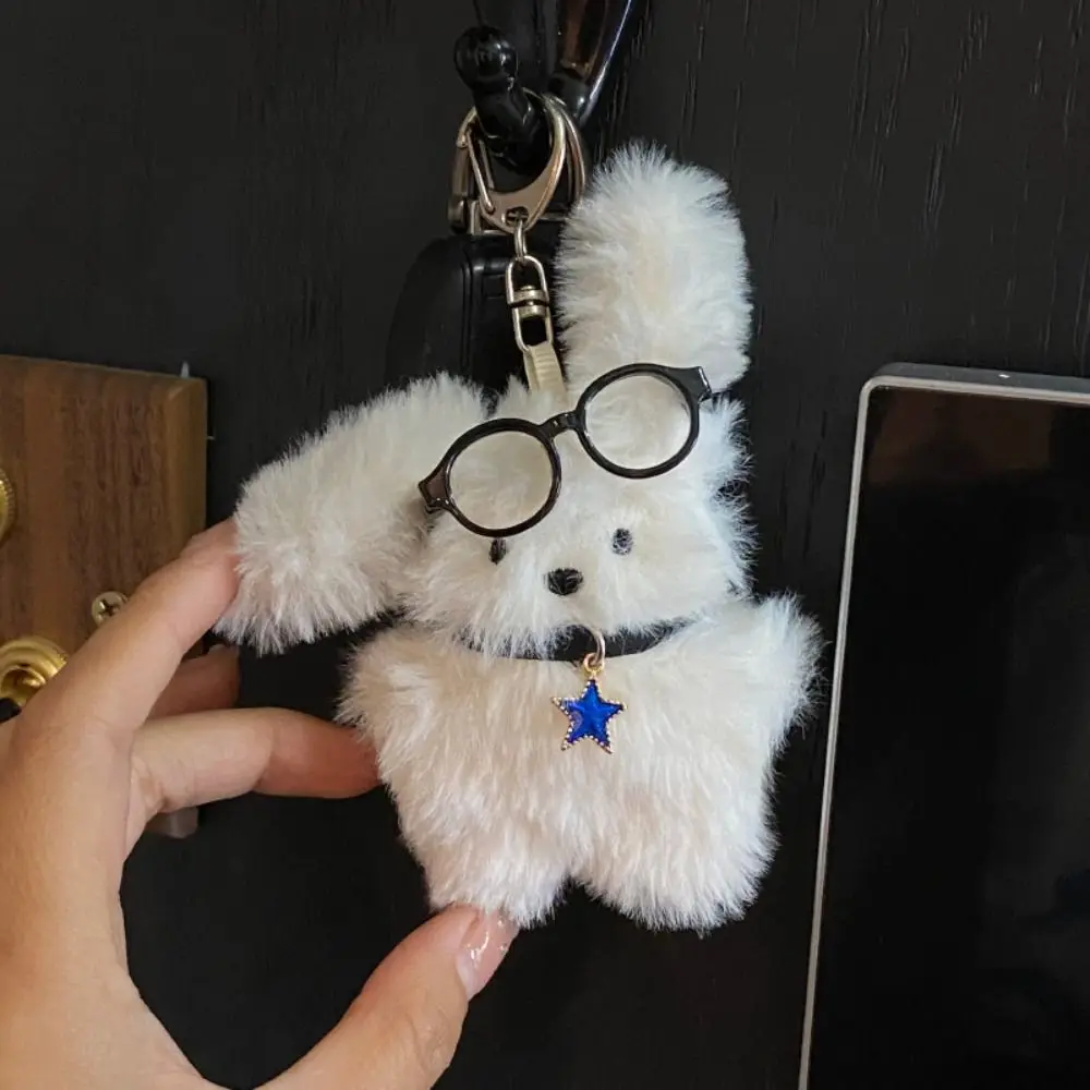 Maltese Wear Glasses Plush Pilot Rabbit Doll Key Chain Key Ring Cartoon Design Long Ear Dog Key Ring Bag Charms Pendant