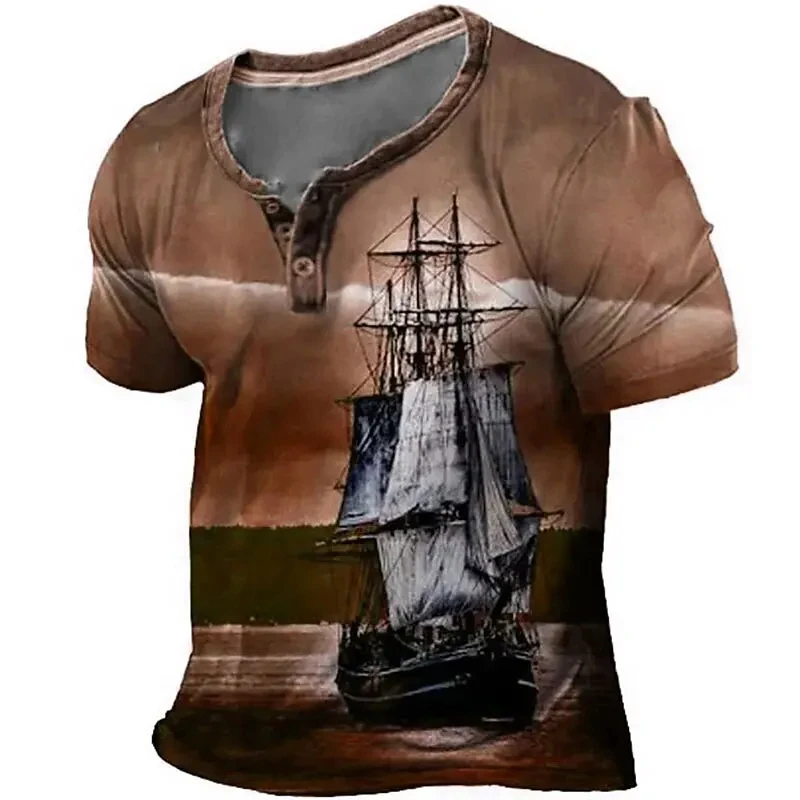 Summer Henley Shirts Boat 3D Print Streetwear Men's Fashion Vintage Button-Down Short Sleeve T Shirt Man Male Tees Tops Clothing