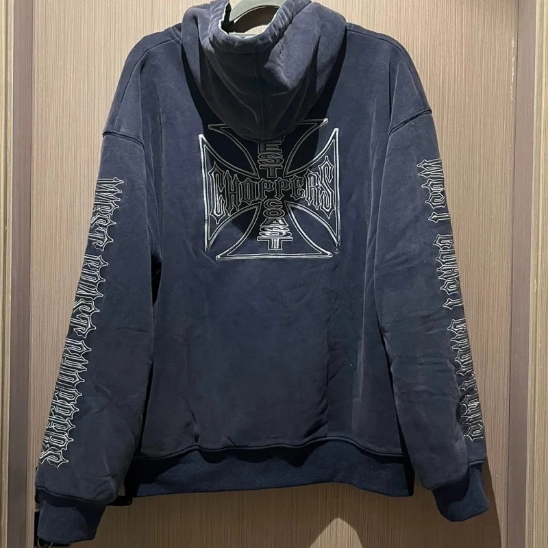 

25SS New Cross Embroidered West Coast Hoodie Cardigan Sweatshirt Coat Washed Do Old Zipper Men Women Hooded Top