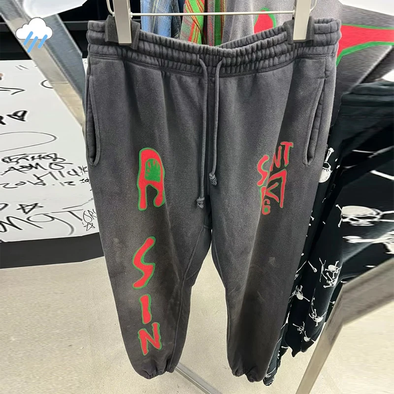 24FW Top Quality Cotton Jogger Drawstring Casual Pants Classic Cracked Logo Print Saint Sweatpants Vintage Washed Black Trousers