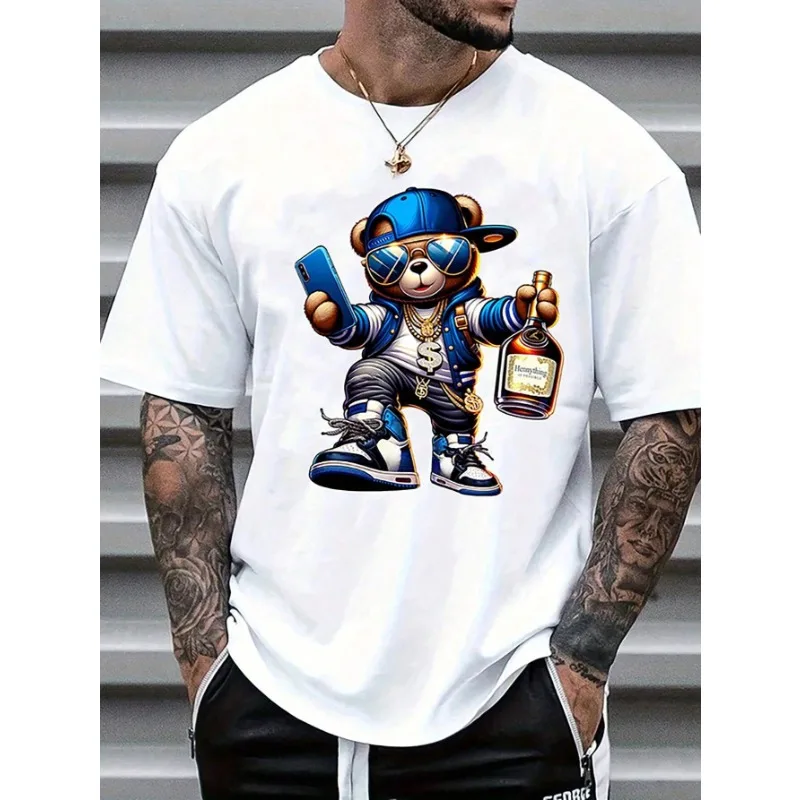 Men's Summer Cartoon Bear Print Round Neck Short Sleeved Casual T-shirt Fashionable Loose Trend Cotton Large Couple T-shirt