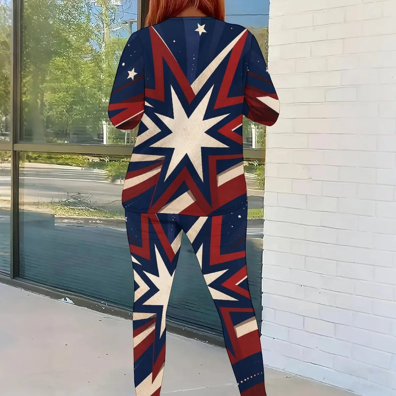 Women Geometric Star Printed Red Navy Off White Round Neck Long Sleeve Top And Fitted Pants Two Piece Set