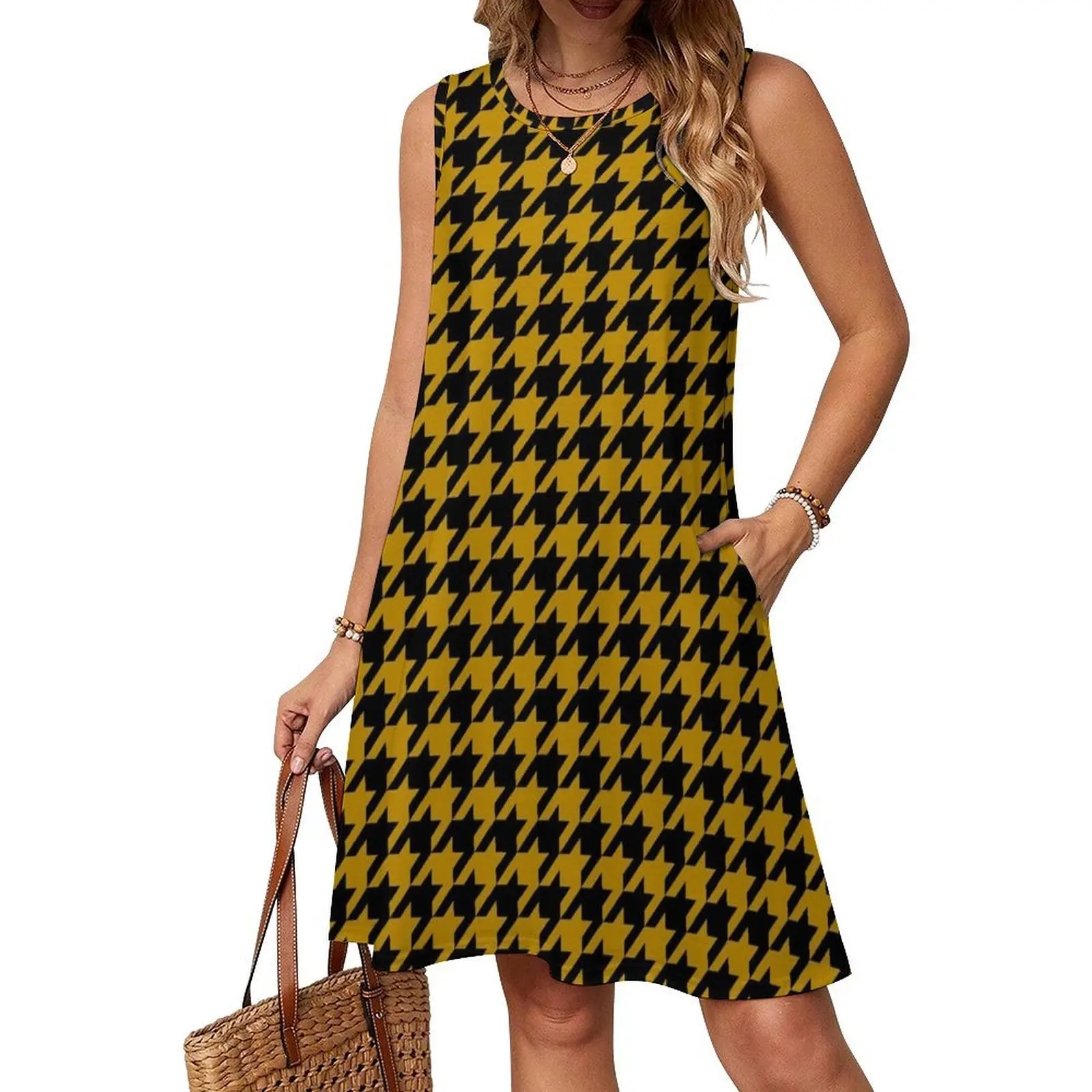 Traditional Houndstooth Pattern Sexy Vacation Dress For Women Beach Party Birthday Mini Dress Bee Yellow Black Black And Yellow view 4