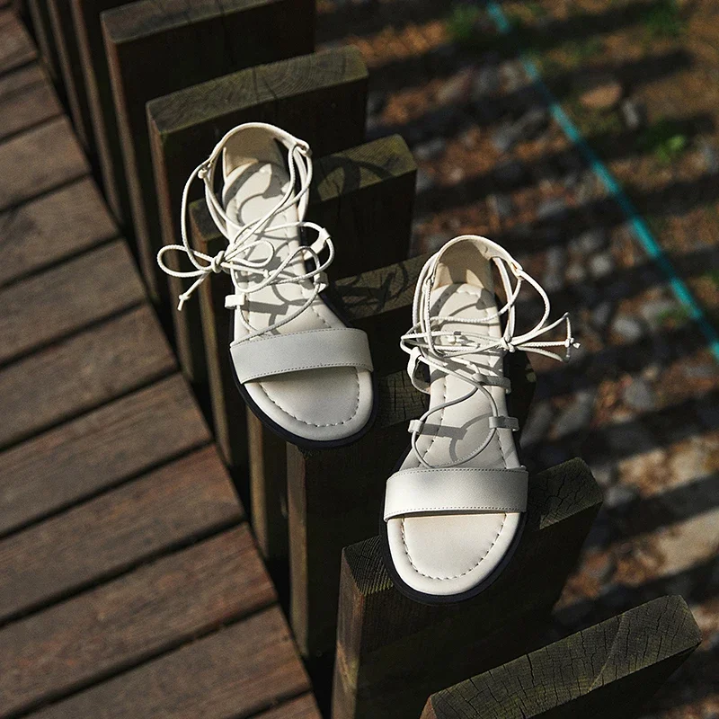 

Summer Sandals Handmade Shoes Woman Retro Ladies Cowhide Spring Shoes Roman Style Vintage Gladiator Lace-Up Beach Sandals