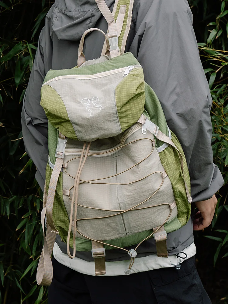 Lightweight backpack for spring outings, outdoor sports, color-blocking hiking bag, trekking backpack for women, drawstring larg