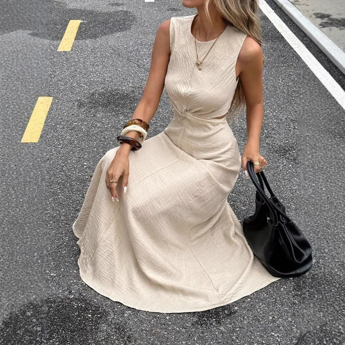 Sexy Sleeveless Twist Knot Round Neck Long Dress Bodycon Knit Dress for Women Spring Summer