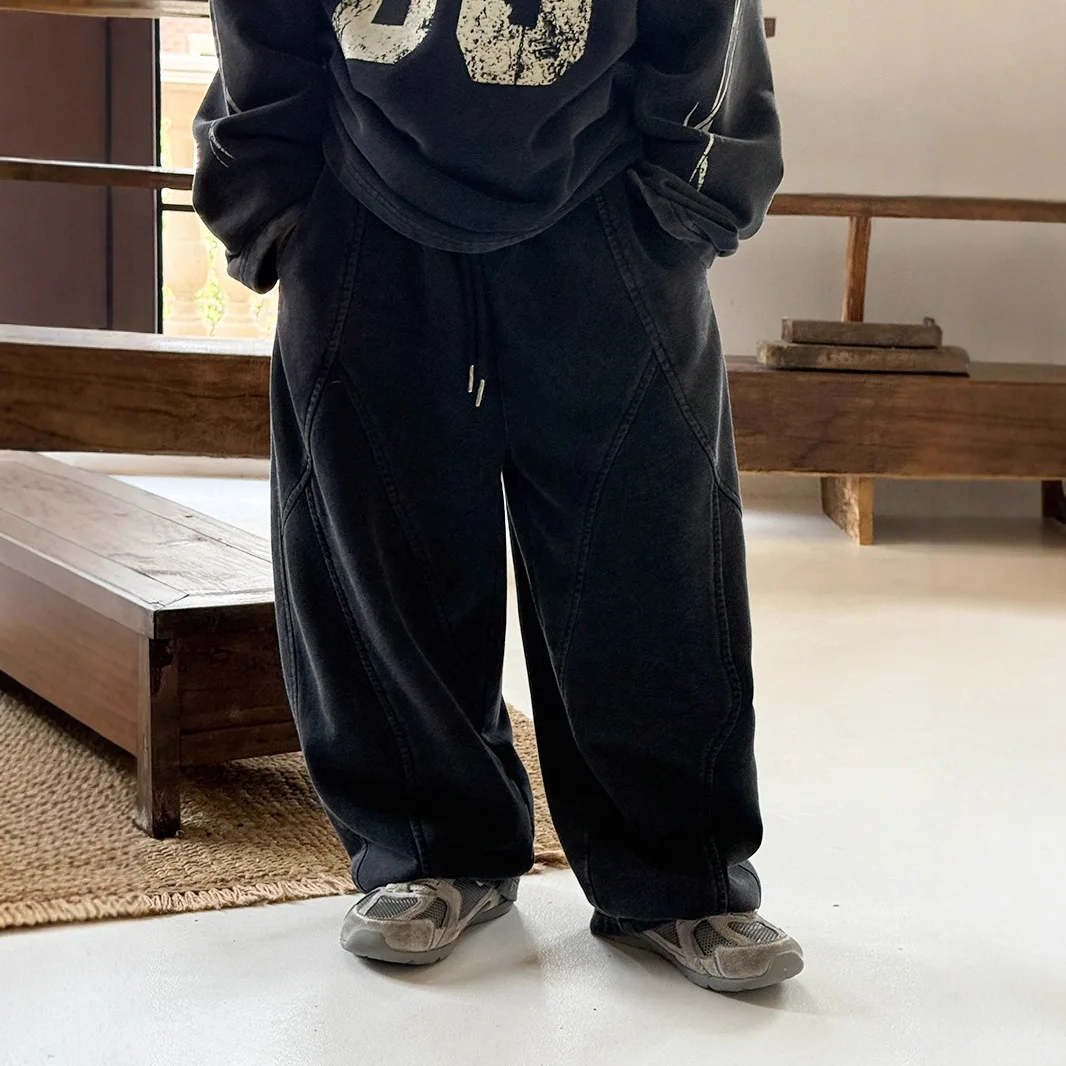 Kids Pants 2026 New Kids Wide-Leg Pants Boys Chic Solid Color Loose-Fit Straight Cut Trousers Washed Fabric For Spring/Autumn