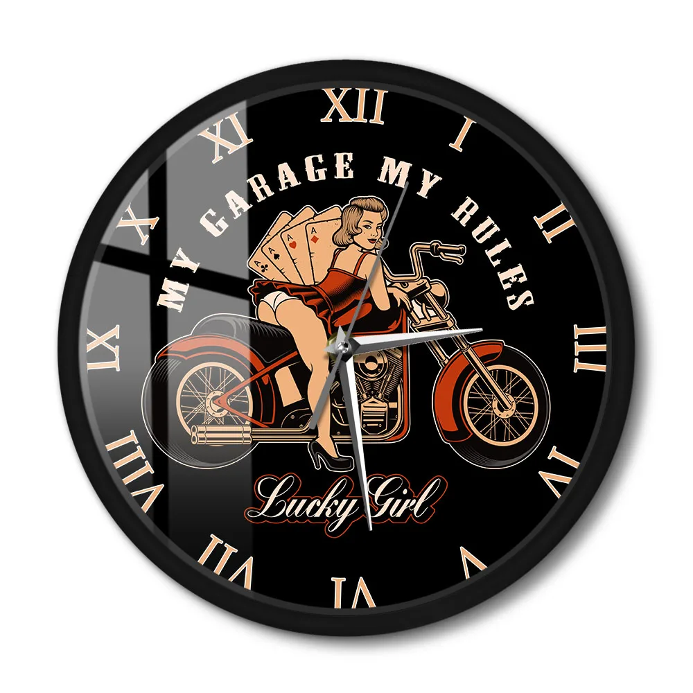 My Garage My Rules Pin Up Girl Retro Motorcycle Wall Clock For Bedroom Man Cave Vintage Motorbike Sign Decorative Wall Watch