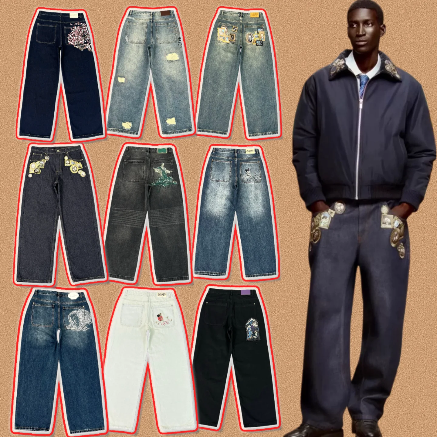 

Derschutze Retro American Street Heavy Embroidery Men's Jeans Casual Straight Leg Cotton Trousers Faionable