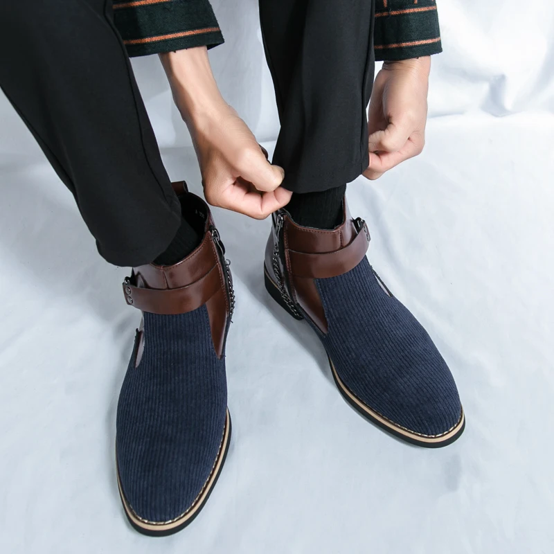 

Men Spring and Autumn New Chelsea Boots Side Zipper Buckle Korean Version Splicing Retro Casual Fashionable Mid Top Boots