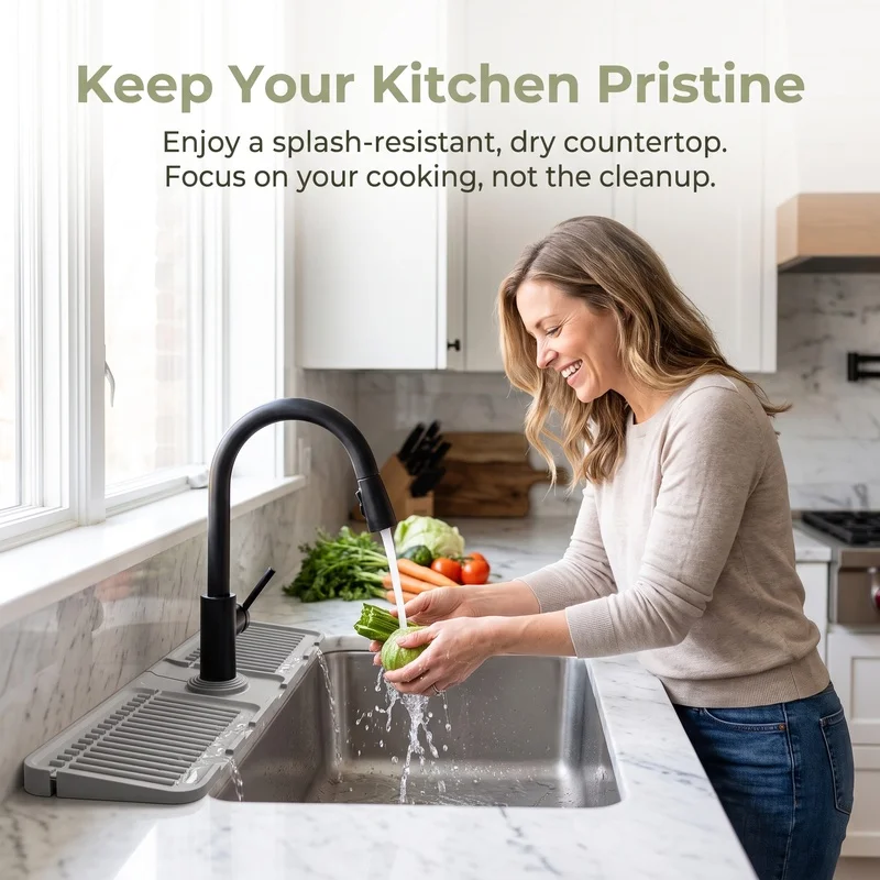 Kitchen Slope Drain Mat, Faucet Splash-Proof Silicone Sink Water Barrier, Can Be Cut and Folded, Washbasin Drying Mat view 2