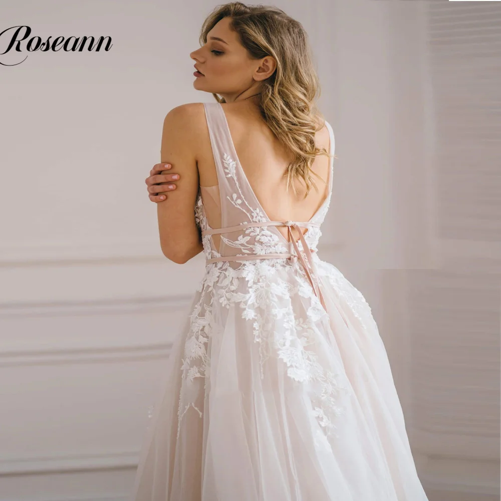 Glamorous A-line Wedding Dresses Tulle Deep V-neck Bridal Gowns Illusion  Appliques Sashes Backless Robe De Mariée Drop Shipping