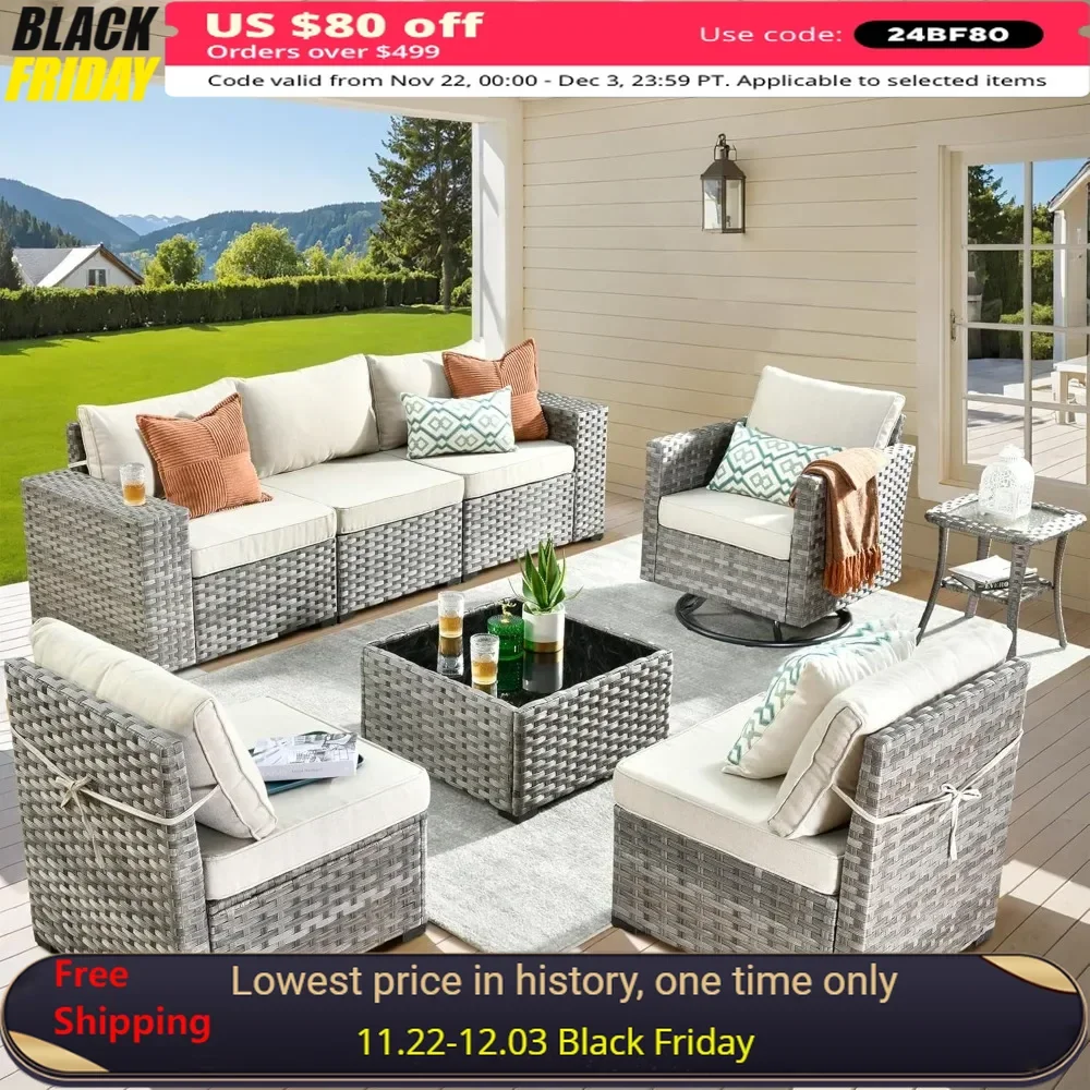 

Outdoor Sectional Sofa 8 Pieces, Sofa with Swivel Rocking Chairs, Wide Arms and Deep Seat, Wicker Rattan Patio Furniture Set