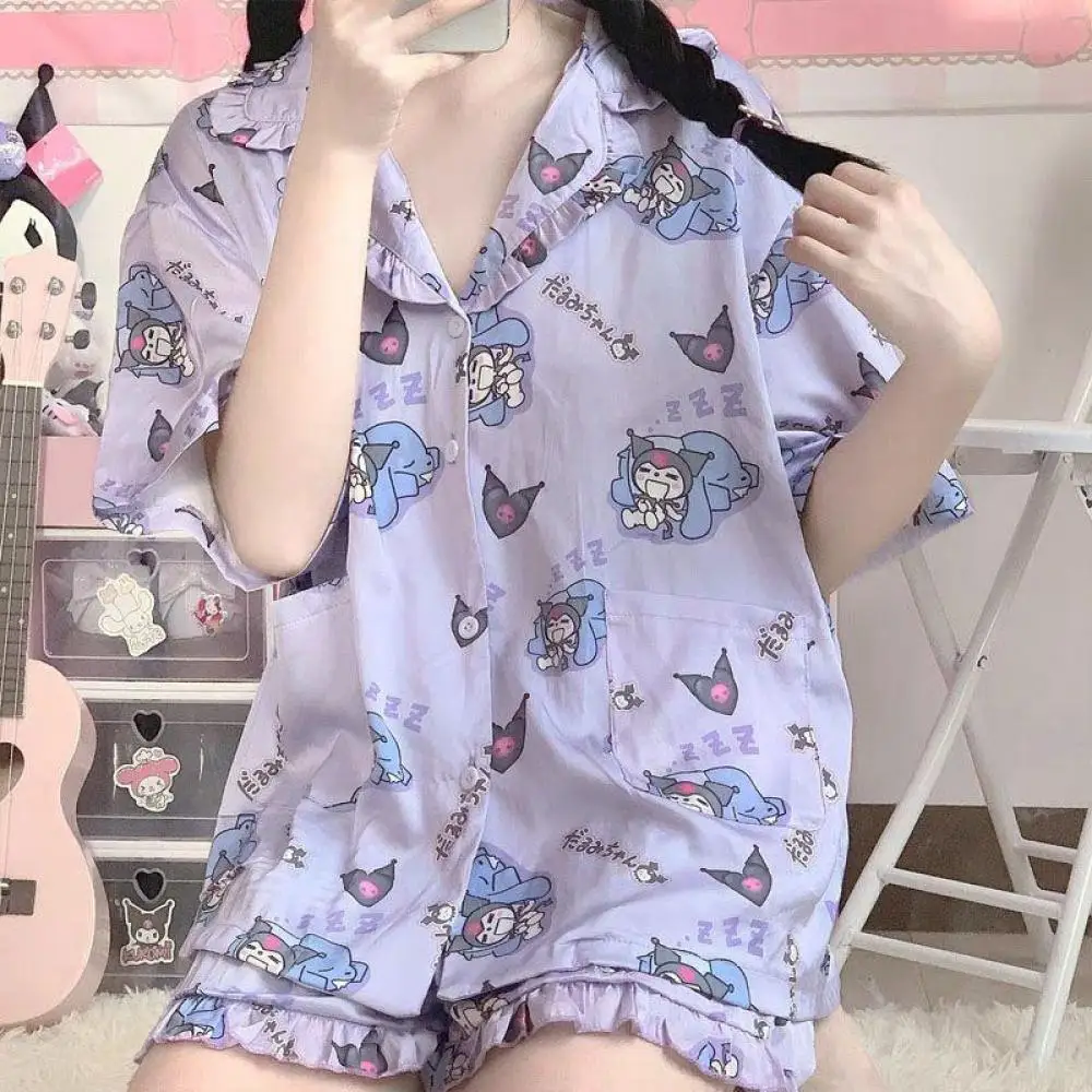 Sanrioed Cartoon Pajamas Suit Kuromi Hello Kitty Cotton Summer Homeclothes Anime Casual Short Sleeves Shorts Student Dormitory