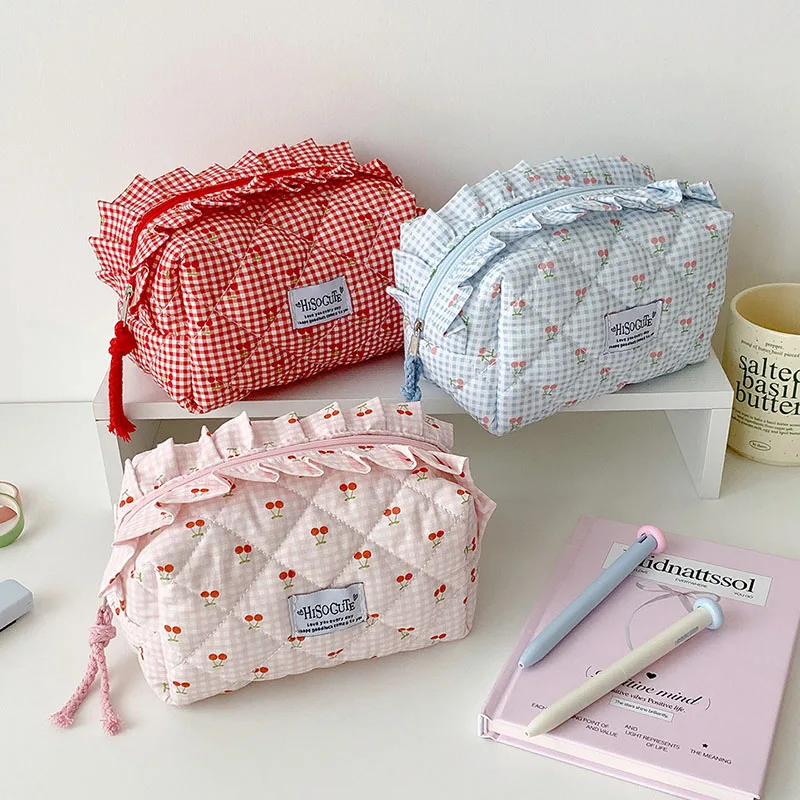 Ins Fresh Red Cherry Quilted Cosmetic Bag Fashion Small Large Toiletry Makeup Storage Bag Cute Lipstick Sanitary Napkin Case view 4