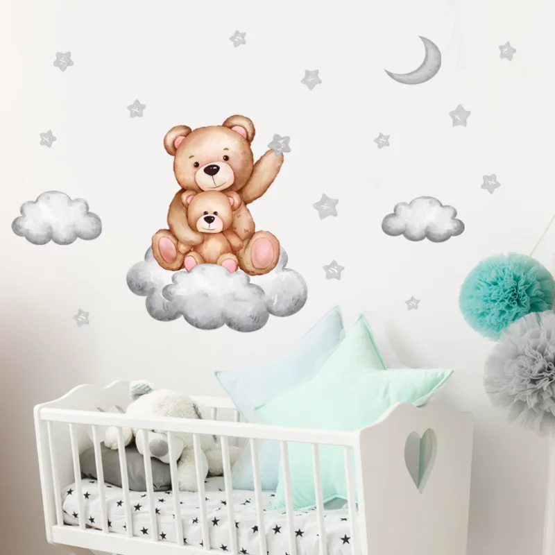 Cartoon Urso Pequeno Estrelas Nuvens Lua Adesivo De Parede Crianças Quarto Fundo Decora Jardim De Infância Sala De Aula Adesivo Antifouling