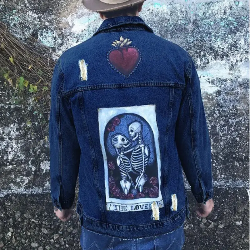 New Stylemen's Denim Jacket2024 Autumn And Winter New Locomotive Lapel Trend Street Men Women Personality Printing Denim Jacket